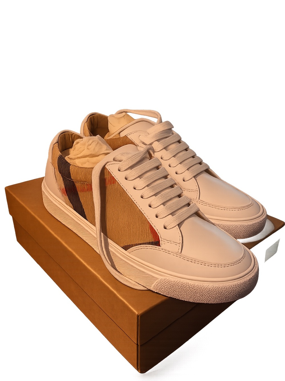 Burberry Beige and Tan Low-Top Leather Sneakers with Iconic Check Panel